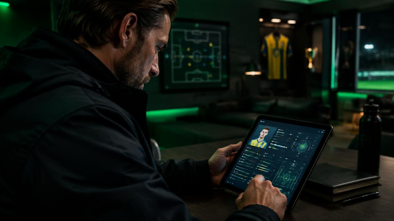 Fotbollstränare granskar sin digitala tränarprofil på en surfplatta i klubbstugan