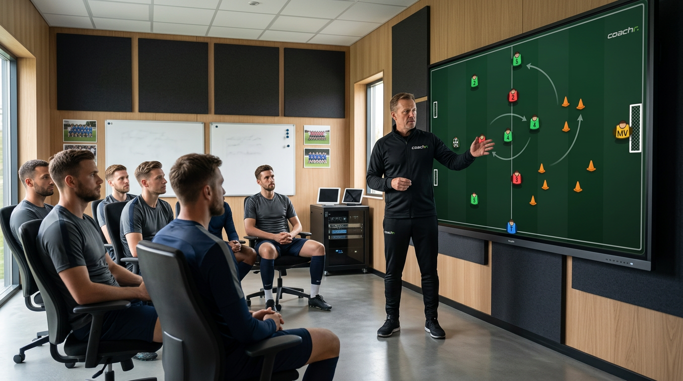 Fotbollstränare med Coachr-logotyp visar en animerad övning på en stor taktiktavla för spelarna
