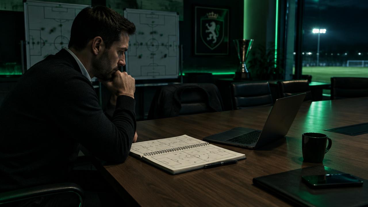 Fotbollstränare förbereder tränarintervjun med taktikanteckningar och dator i klubbens mötesrum