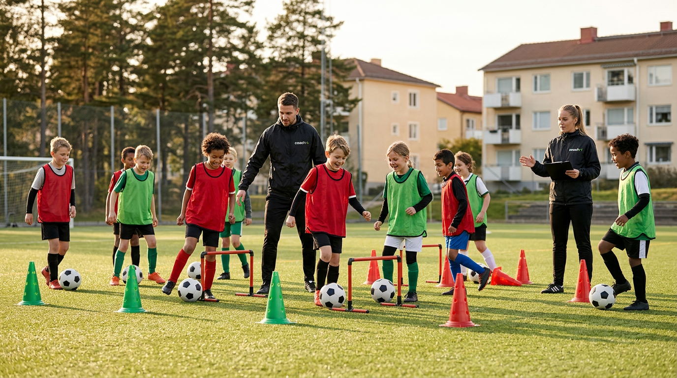 Barn genomför en åldersanpassad fotbollsövning med boll, koner och tränare från Coachr