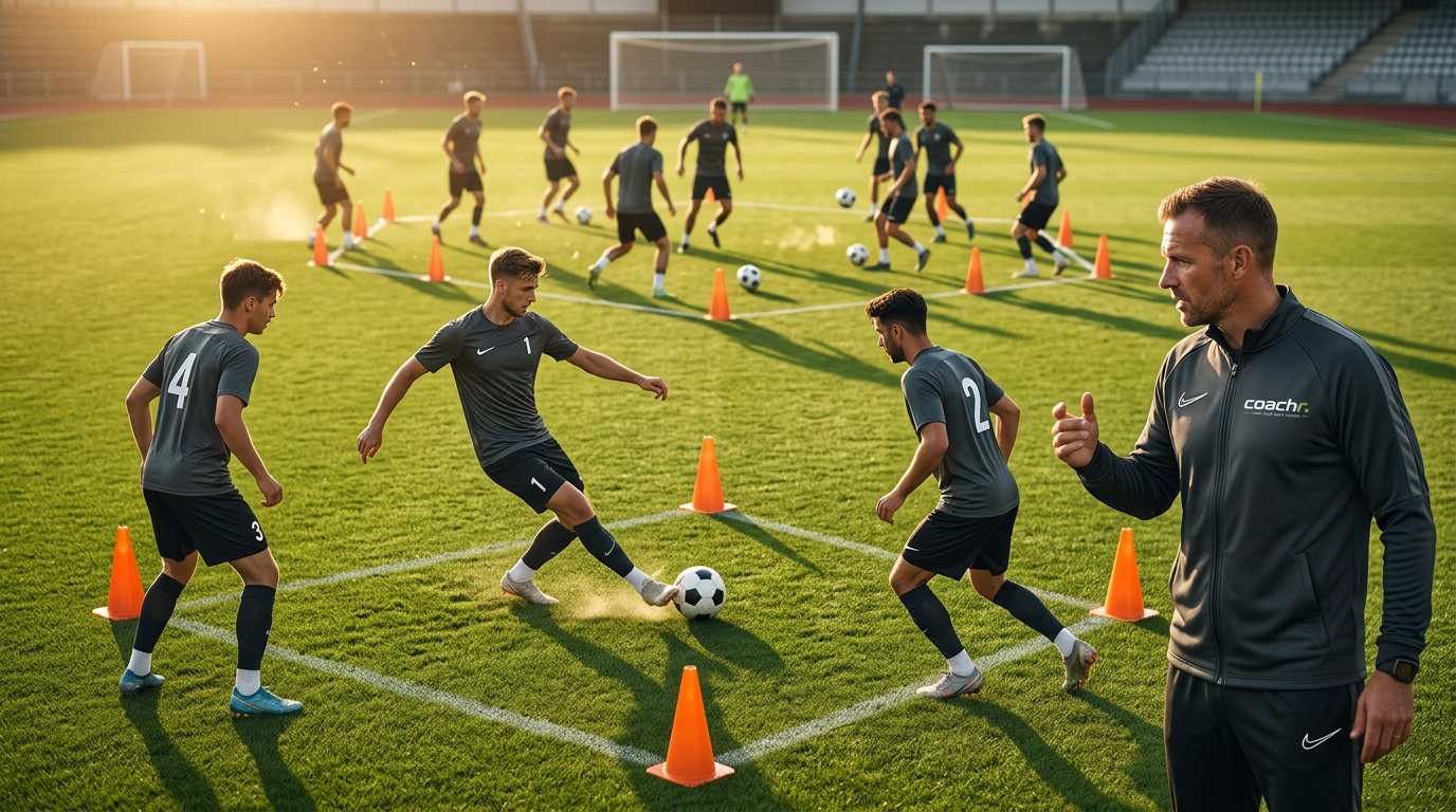 Fotbollsspelare tränar passningar och spelbarhet i en organiserad övning med Coachr-tränare