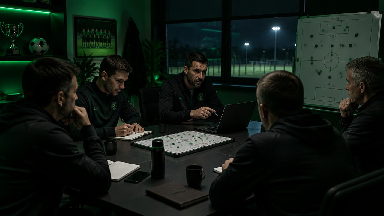Fotbollsklubbens ledare planerar rekrytering och träning runt ett bord med taktiktavla