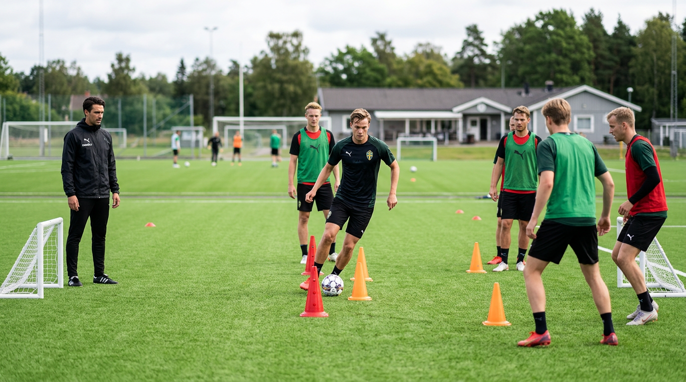 Spelare genomför en beslutsbaserad teknikövning med koner, småmål och Coachr-tränare