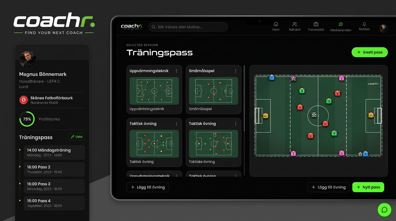Översikt av Coachrs verktyg för att skapa träningspass med övningskort, kalender och digital taktiktavla