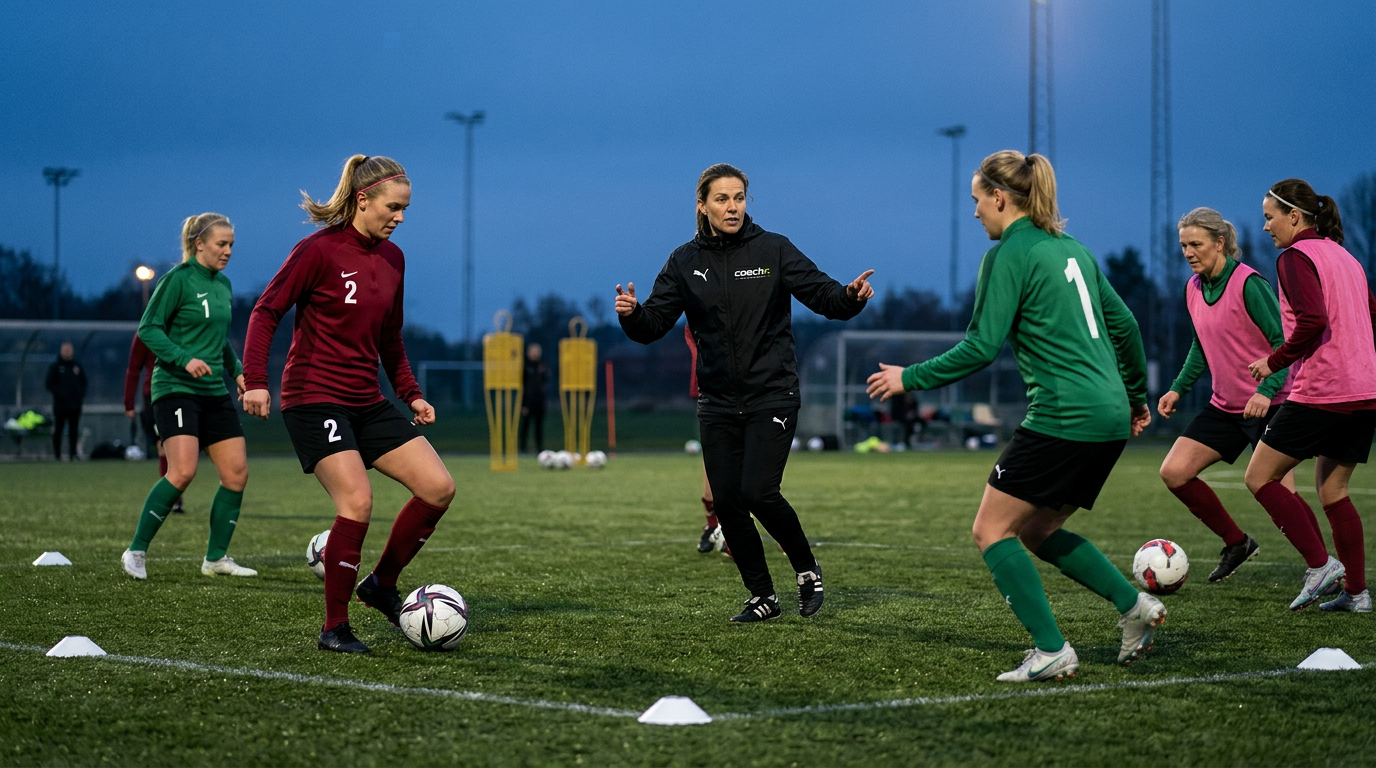 Seniora damspelare värmer upp med boll under ledning av en kvinnlig Coachr-tränare