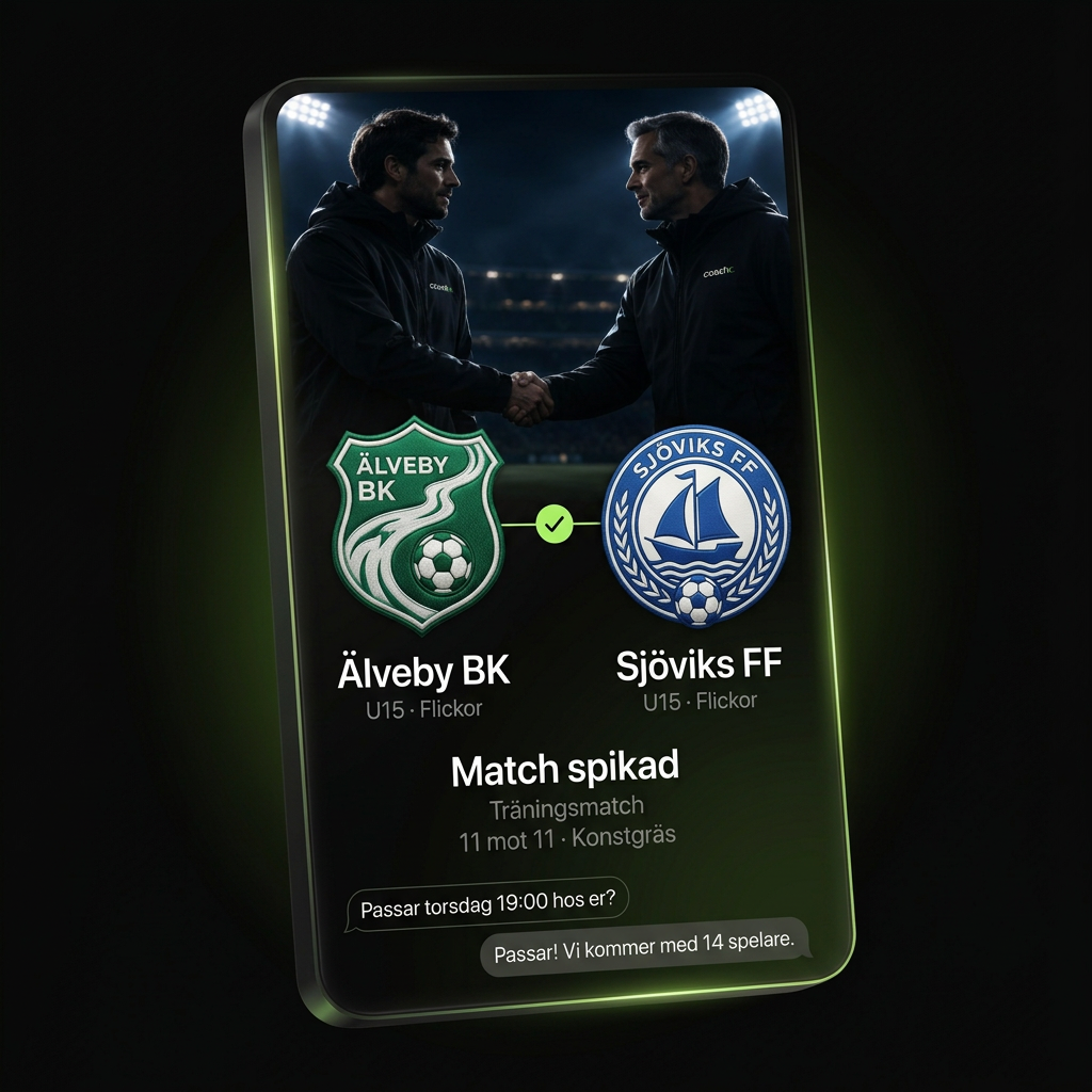 Illustration av en spikad träningsmatch mellan exempellagen Älveby BK och Sjöviks FF, med egna klubbemblem och två tränare som skakar hand.