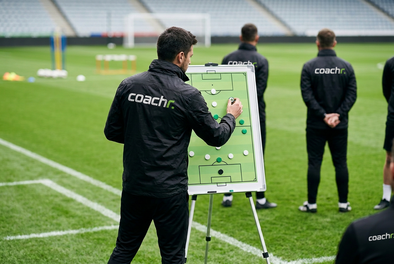 Coachr-exempelbild: en tränare visar en taktiktavla på fotbollsplanen