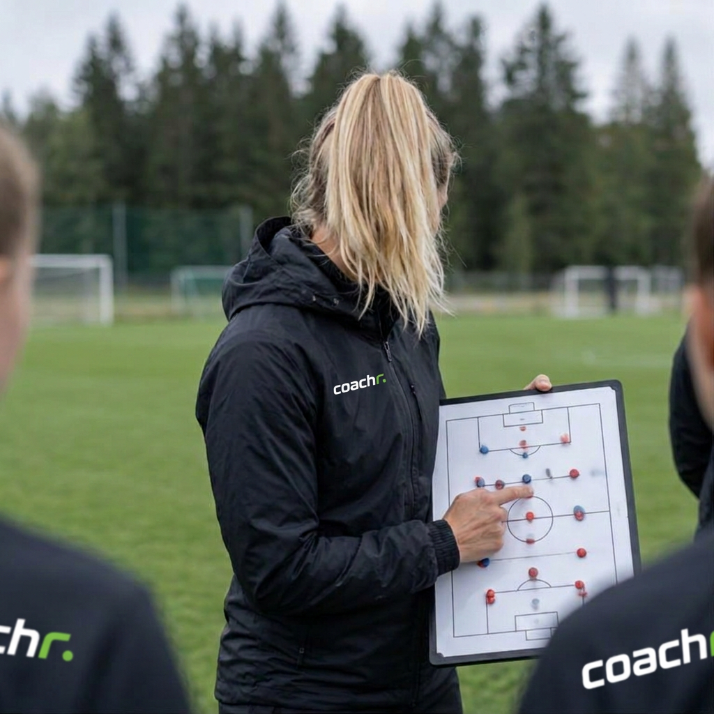 Coachr-exempelbild: en kvinnlig tränare visar en taktiktavla på fotbollsplanen
